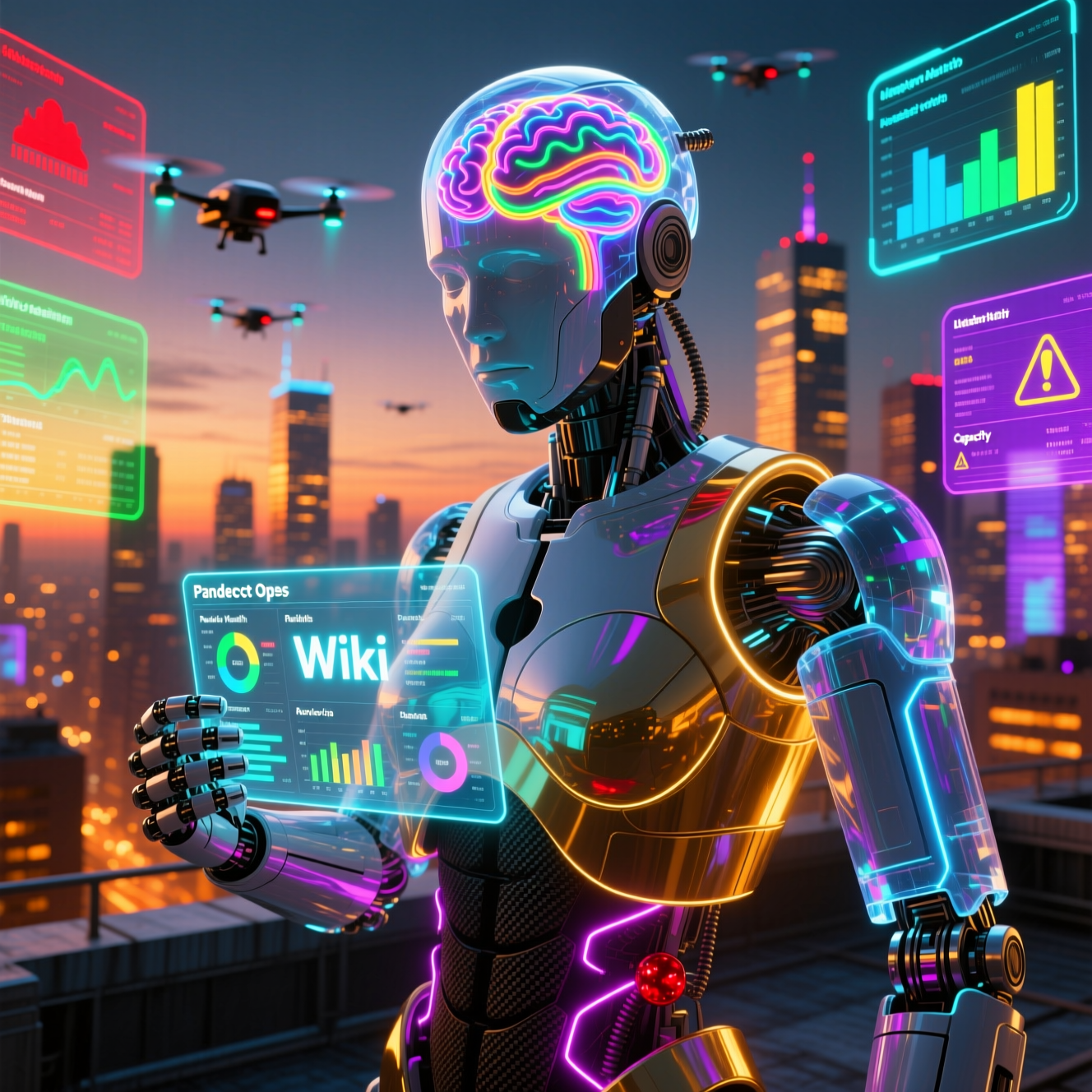 Pandect Ops — Wiki Engineering Reliability Console — Wiki category hero — translucent glass humanoid figure with a glowing neural-network brain visible inside its head in rooftop overlooking a neon megacity skyline at dusk, drones flying in the distance