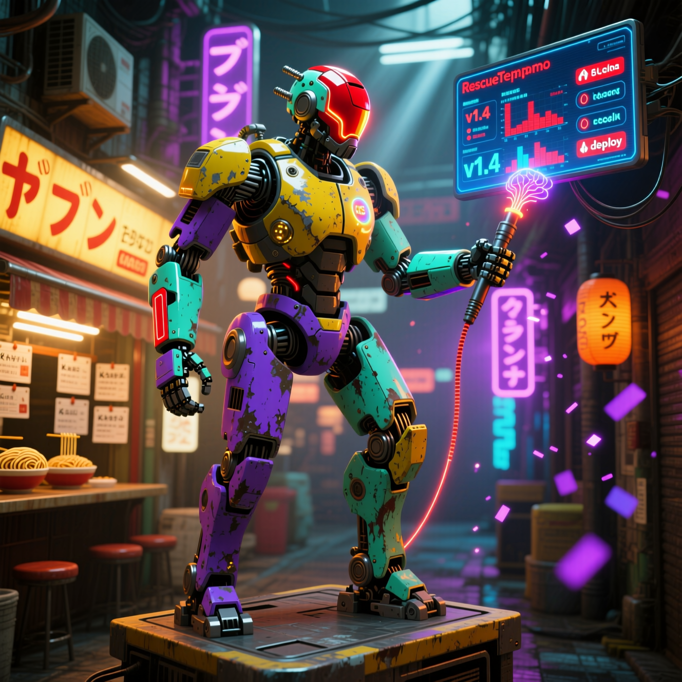 Paragon EMS Workbench — RescueTempo Command Board — Version Control category hero — war-worn but heroic mech pilot robot with painted panels, weathered detail, cinematic hero lighting in Blade-Runner-style noodle-shop alley with dense neon signage in the background