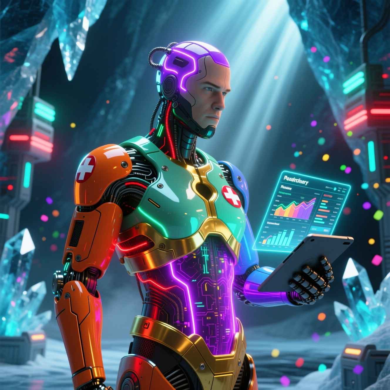 ParaOps Command Center — Ambulance Readiness Hub — Version Control category hero — cinematic cyborg character seen in three-quarter profile, exposed circuitry glowing beneath translucent skin, intense neon rim light in crystalline ice cavern lit by bioluminescent tech installations