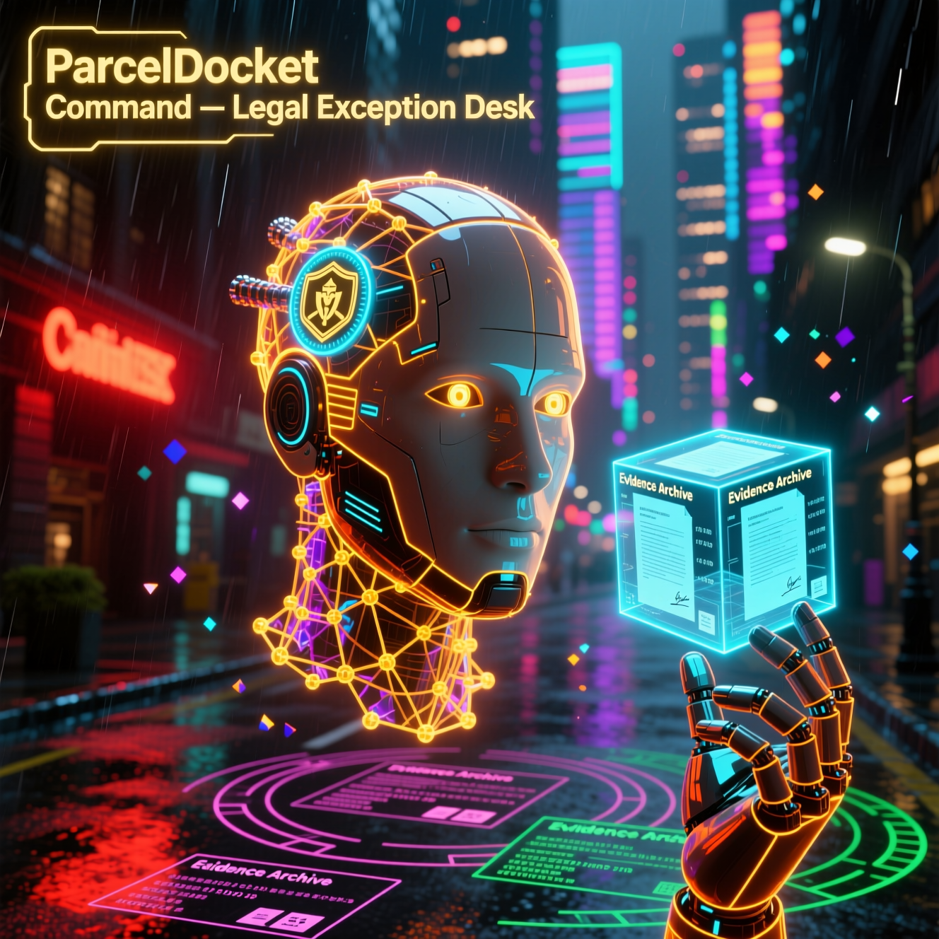 ParcelDocket Command — Parcel Exception Desk — Legal category hero — wireframe holographic human head made of glowing data points, floating in the frame center in neon-lit cyberpunk street at night, wet pavement reflections, hovering holograms in the background