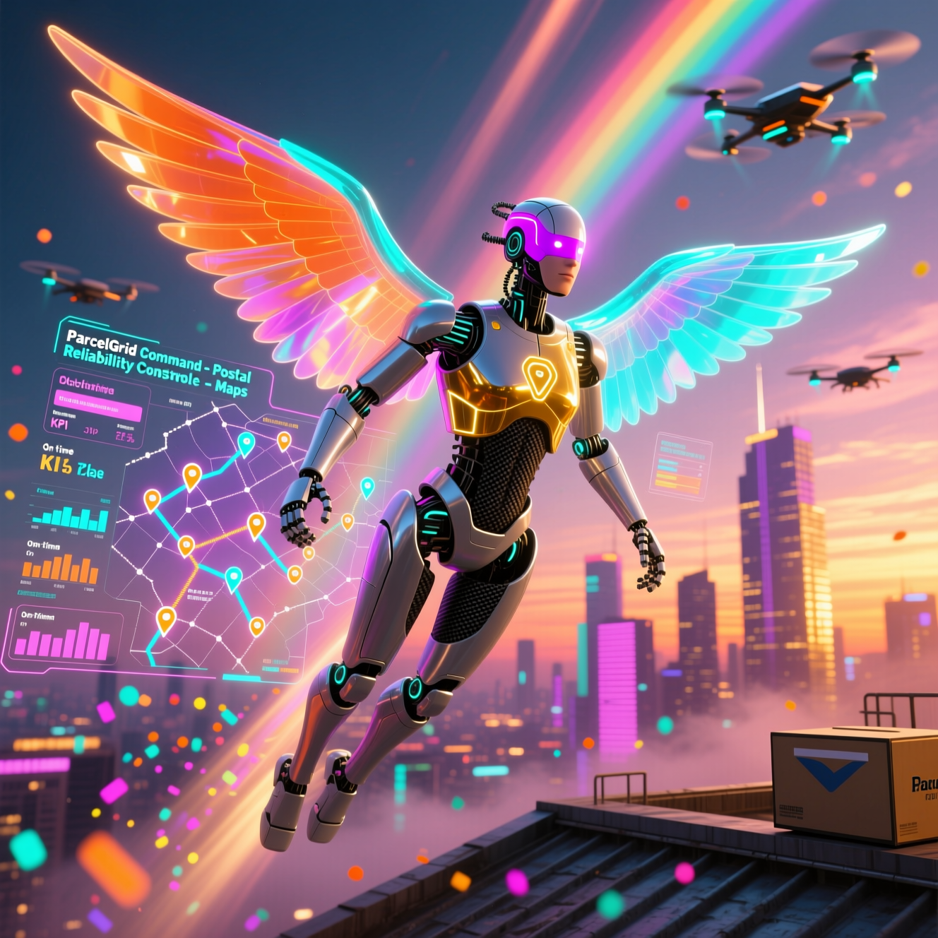 ParcelGrid Command — Postal Route Reliability Console — Digital Maps category hero — courier-style android with iridescent wings unfurled, mid-flight silhouette against the environment in rooftop overlooking a neon megacity skyline at dusk, drones flying in the distance