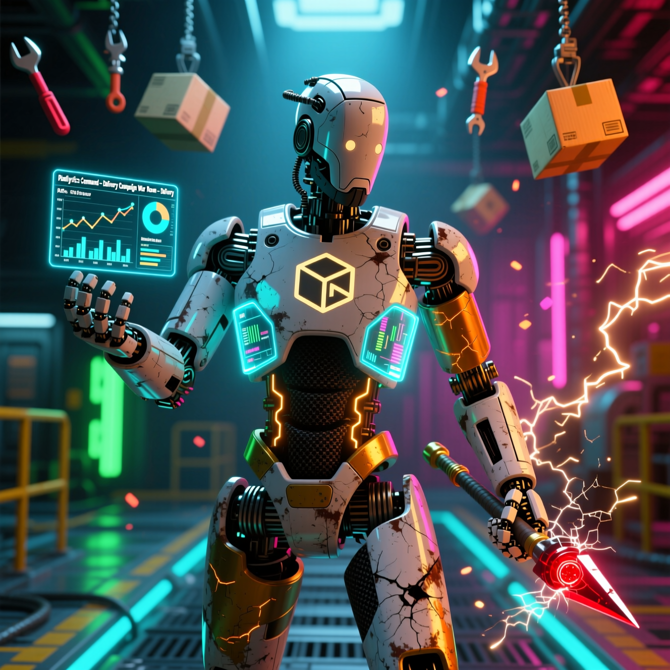 Parcellytics Command — Delivery Campaign War Room — Delivery category hero — war-worn but heroic mech pilot robot with painted panels, weathered detail, cinematic hero lighting in magnetic-levitation factory floor with sparking arcs of electricity and machinery