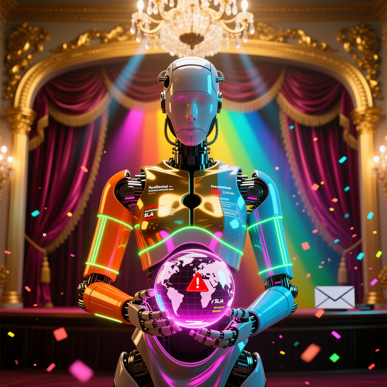 ParcelSentinel — Exception Command Desk — Legal category hero — elegant fashion-forward android in flowing reflective couture fabric, editorial pose in golden-lit theater interior with heavy velvet curtains and cinematic chandeliers