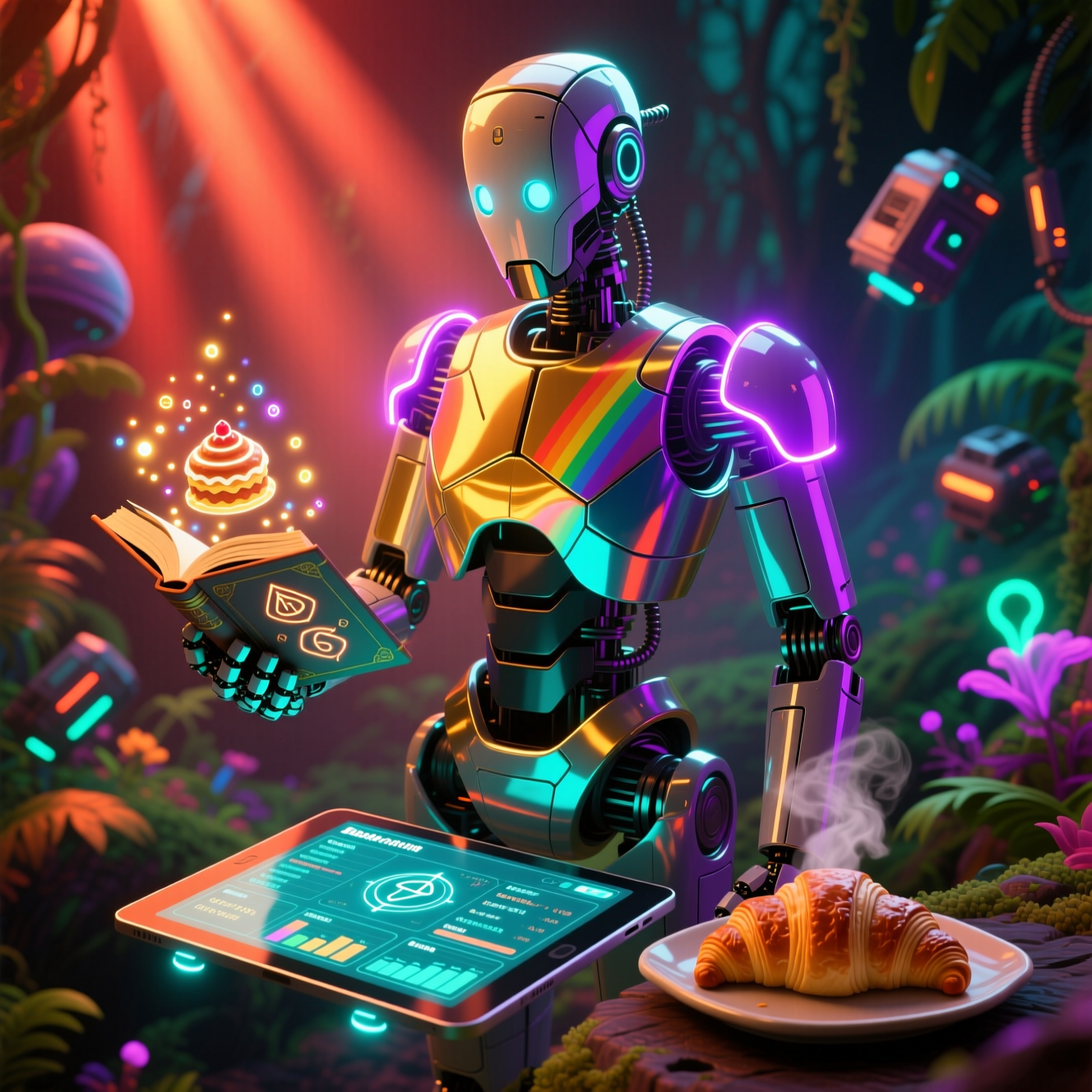 PastryLab Production — Batch Ledger & Quality Command — Recipe category hero — sci-fi wizard robot with a floating spellbook of holographic glyphs and light particles in alien jungle biome with glowing flora and floating tech artifacts
