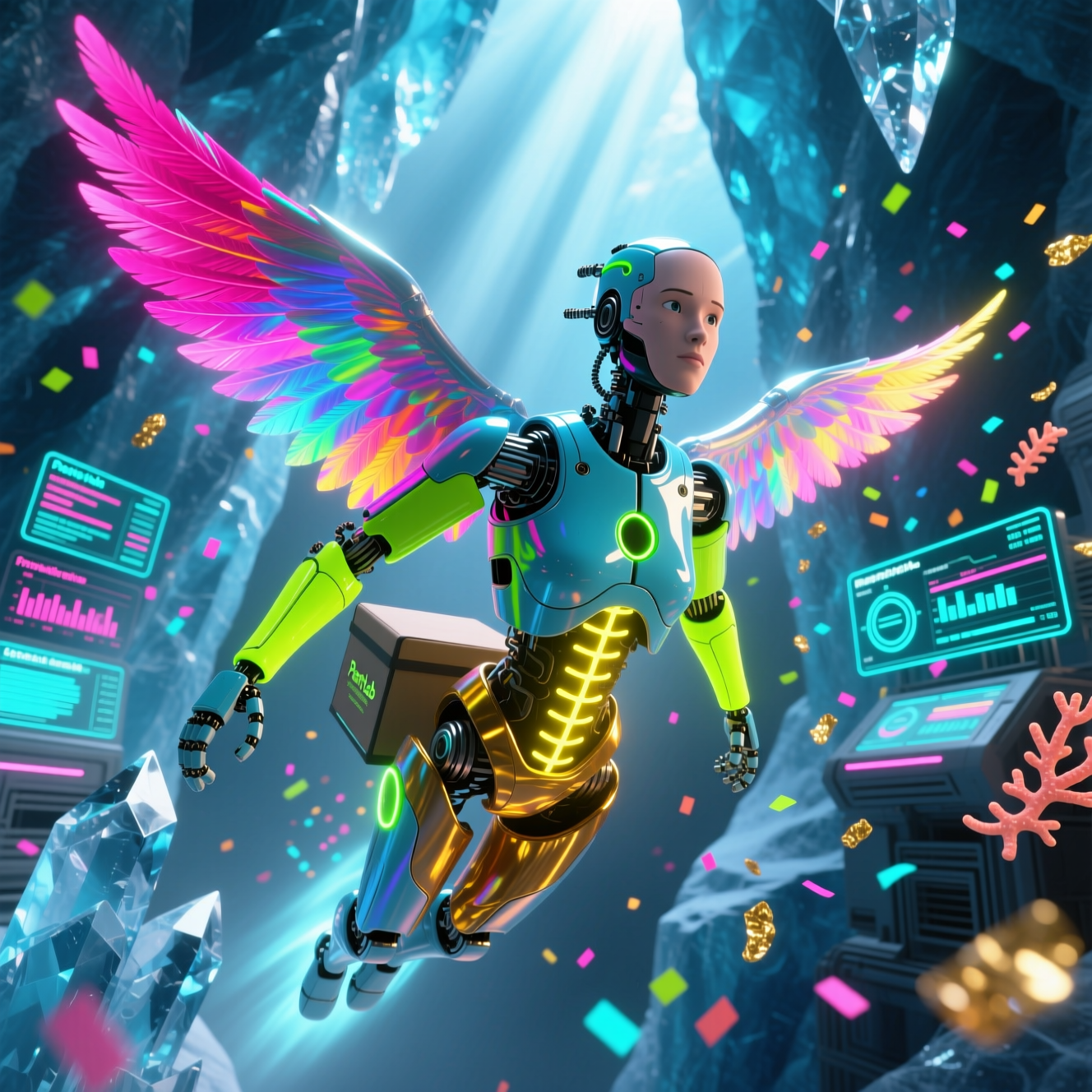 PastryLab Production — Mission Control — Recipe category hero — courier-style android with iridescent wings unfurled, mid-flight silhouette against the environment in crystalline ice cavern lit by bioluminescent tech installations