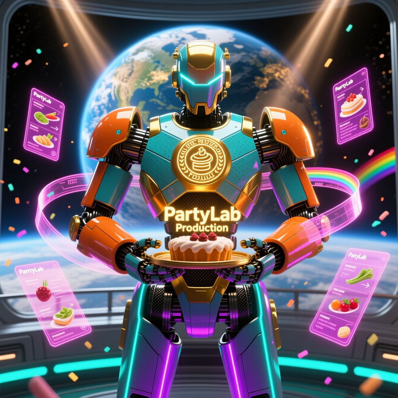 PastryLab Production — Professional Pastry Kitchen Command — Recipe category hero — heavily armored guardian robot holding a symbolic emblem of the category with both hands in orbital space station observation deck with a planet glowing outside the panoramic window