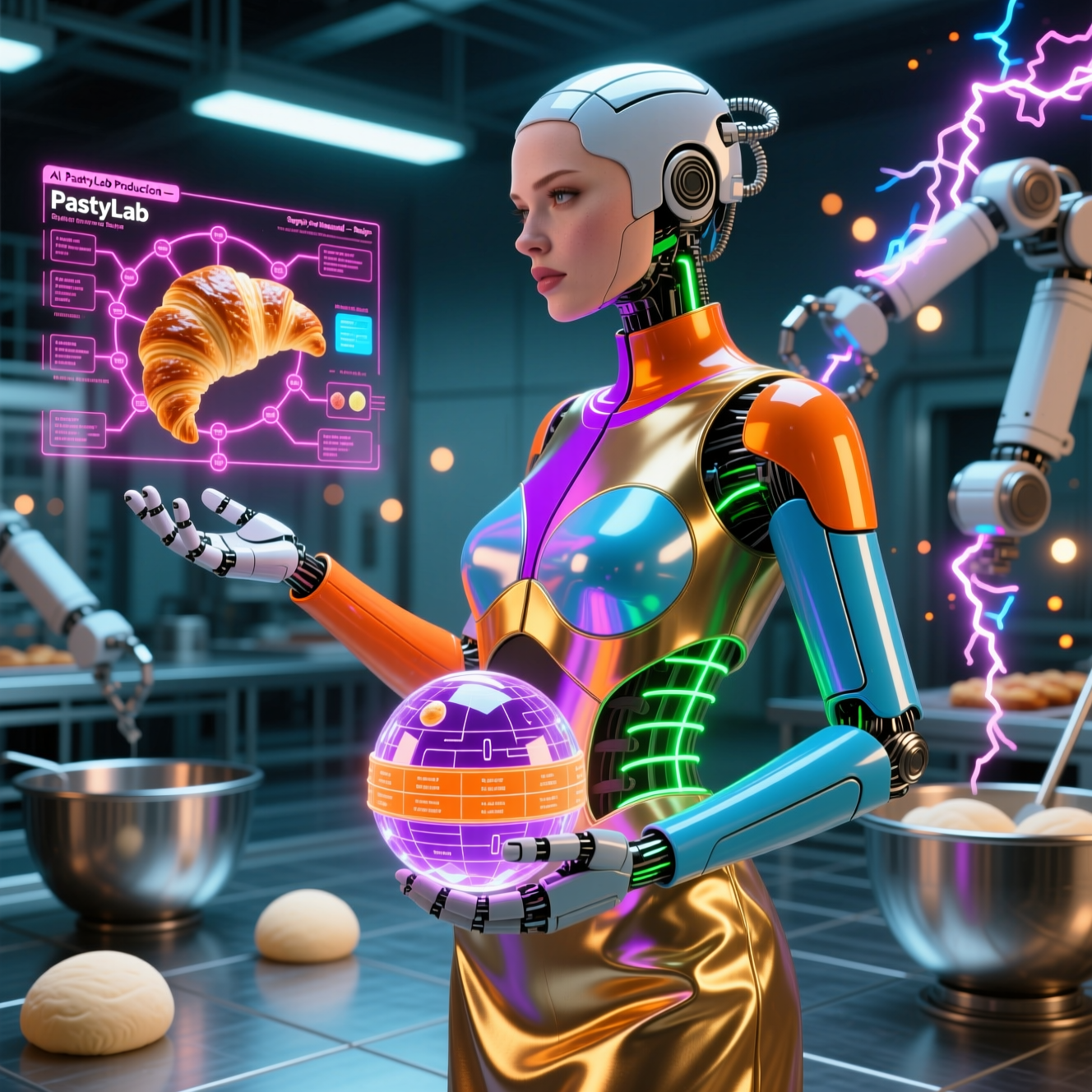 PastryLab Production — Supply Chain Neural Board — Recipe category hero — elegant fashion-forward android in flowing reflective couture fabric, editorial pose in magnetic-levitation factory floor with sparking arcs of electricity and machinery