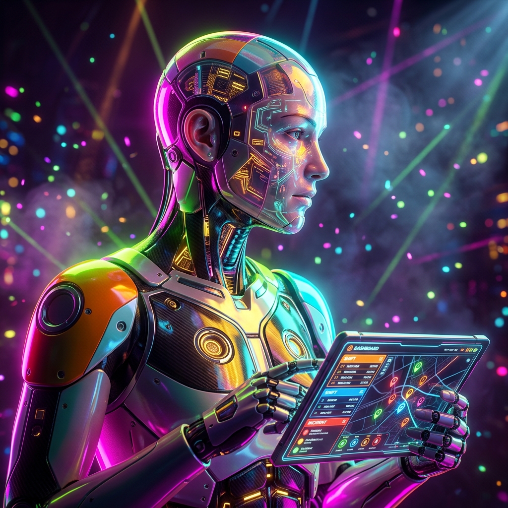 PatrolLedger Command — PatrolLog Command — Productivity & Productivity Suites category hero — cinematic cyborg character seen in three-quarter profile, exposed circuitry glowing beneath translucent skin, intense neon rim light in underground rave-like data cathedral with laser beams cutting through smoke