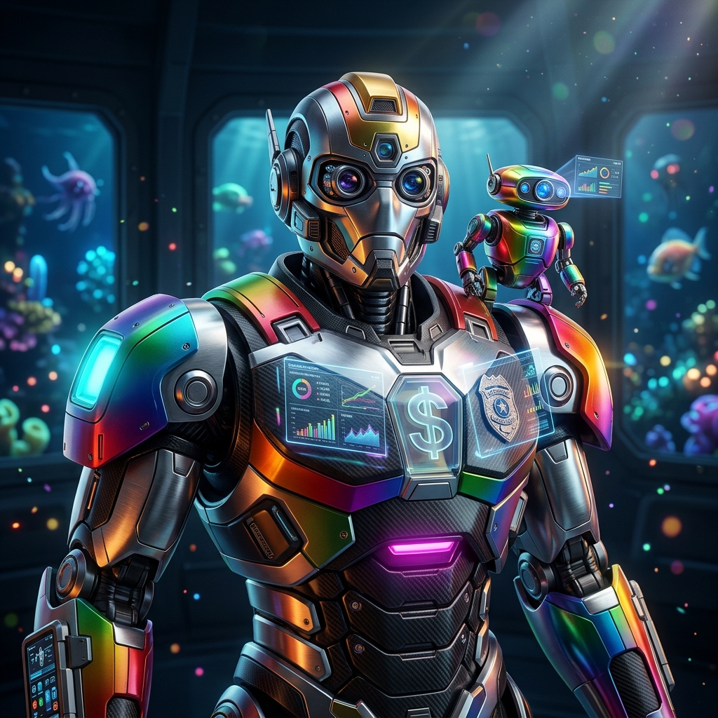 PatrolLedger Terminal — Police Patrol Financial Strategy — Finance & Fintech category hero — duo of contrasting robots — one large hero mech and a small companion droid — composed cinematically in deep-sea research bay with bulkhead windows onto a bioluminescent ocean