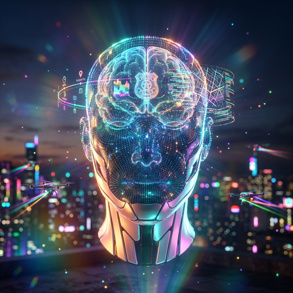 PatrolLog Command — Duty & Ops Console — Productivity & Productivity Suites category hero — wireframe holographic human head made of glowing data points, floating in the frame center in rooftop overlooking a neon megacity skyline at dusk, drones flying in the distance