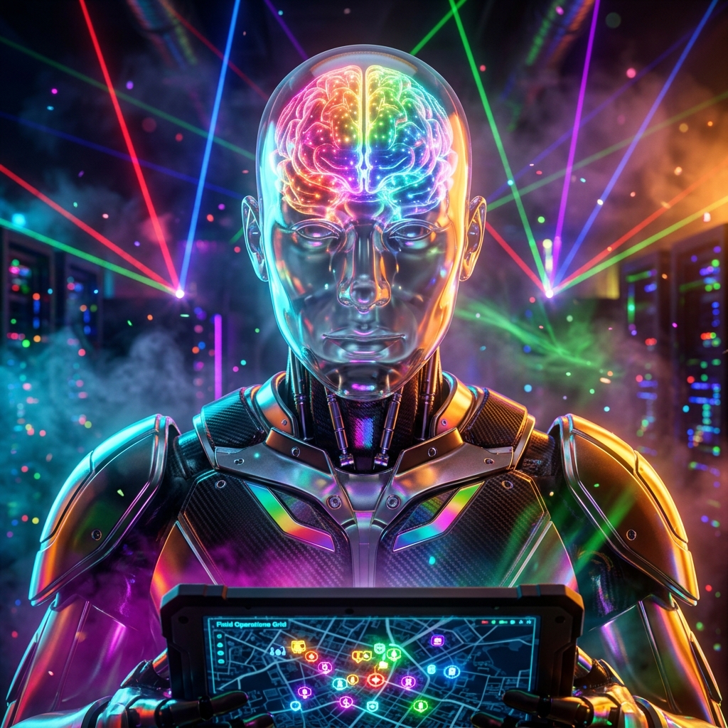 PatrolLog Command — Field Operations Grid — Business Management category hero — translucent glass humanoid figure with a glowing neural-network brain visible inside its head in underground rave-like data cathedral with laser beams cutting through smoke