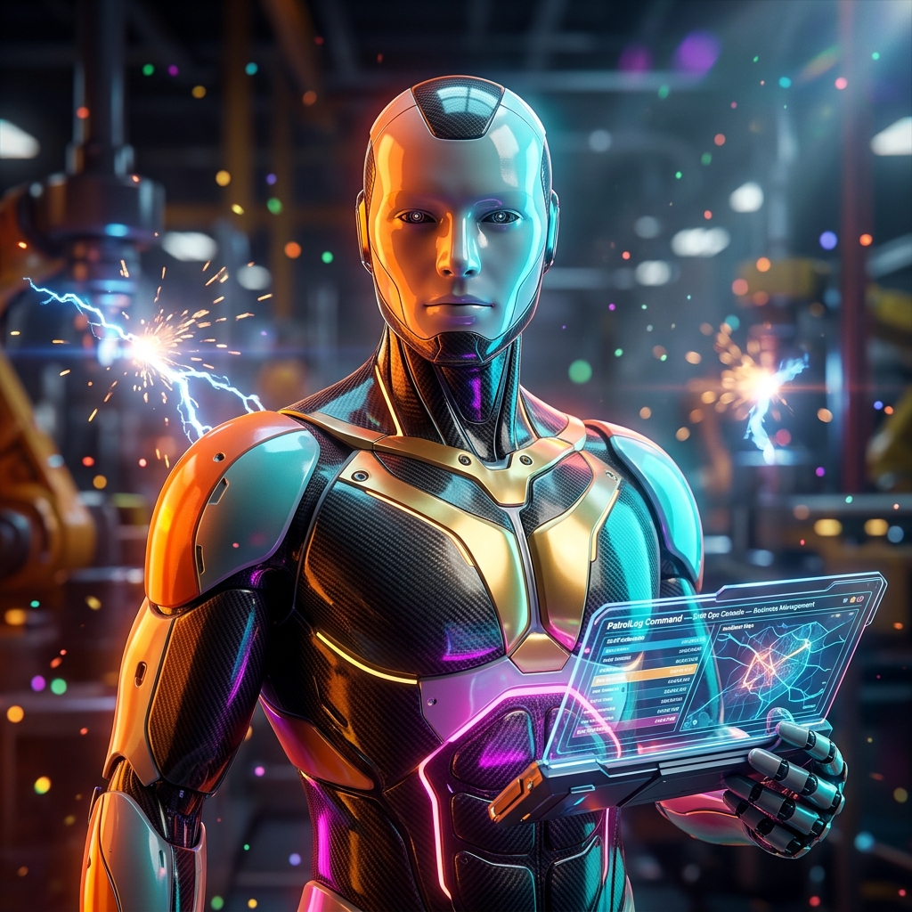 PatrolLog Command — Shift Ops Console — Business Management category hero — sleek sports-car-inspired bipedal android mid-motion, carbon-fiber musculature and glowing accent lines in magnetic-levitation factory floor with sparking arcs of electricity and machinery