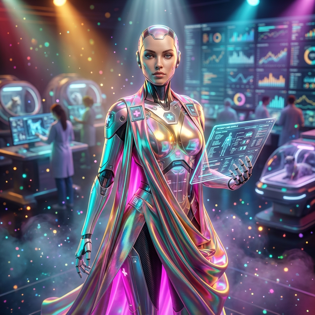 PawForge Studio — Veterinary Production & Care Command — Pet Care category hero — elegant fashion-forward android in flowing reflective couture fabric, editorial pose in dark cinematic stage with dramatic spotlights streaming down and a hazy atmospheric fog