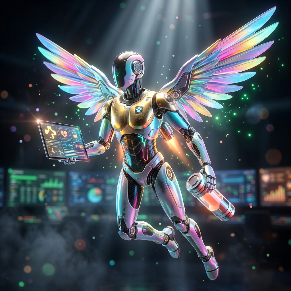 PawOps Command | Veterinary Mission Cockpit — Pet Care category hero — courier-style android with iridescent wings unfurled, mid-flight silhouette against the environment in dark cinematic stage with dramatic spotlights streaming down and a hazy atmospheric fog