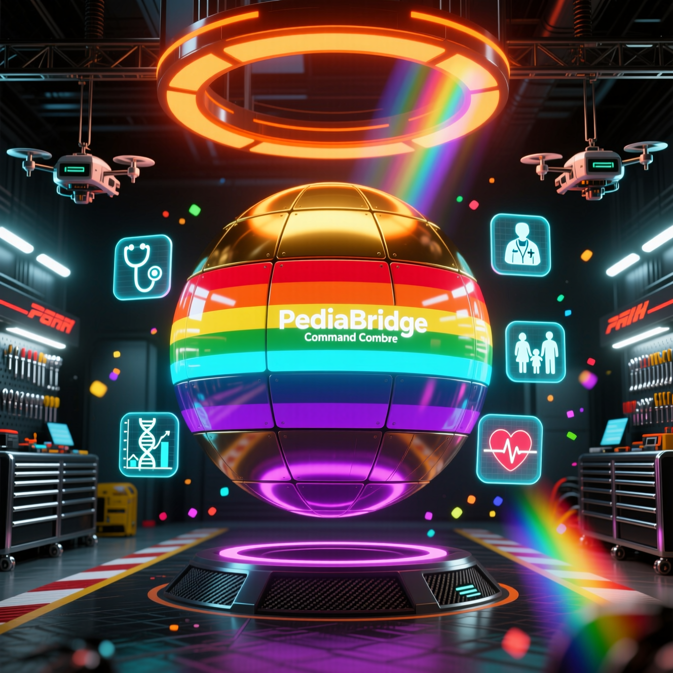 PediaBridge Command — Family Care Portal — Family category hero — floating spherical AI orb with concentric glowing rings and orbiting holographic icons around it in Formula-1 style pit garage with saturated color lighting and mechanical detail