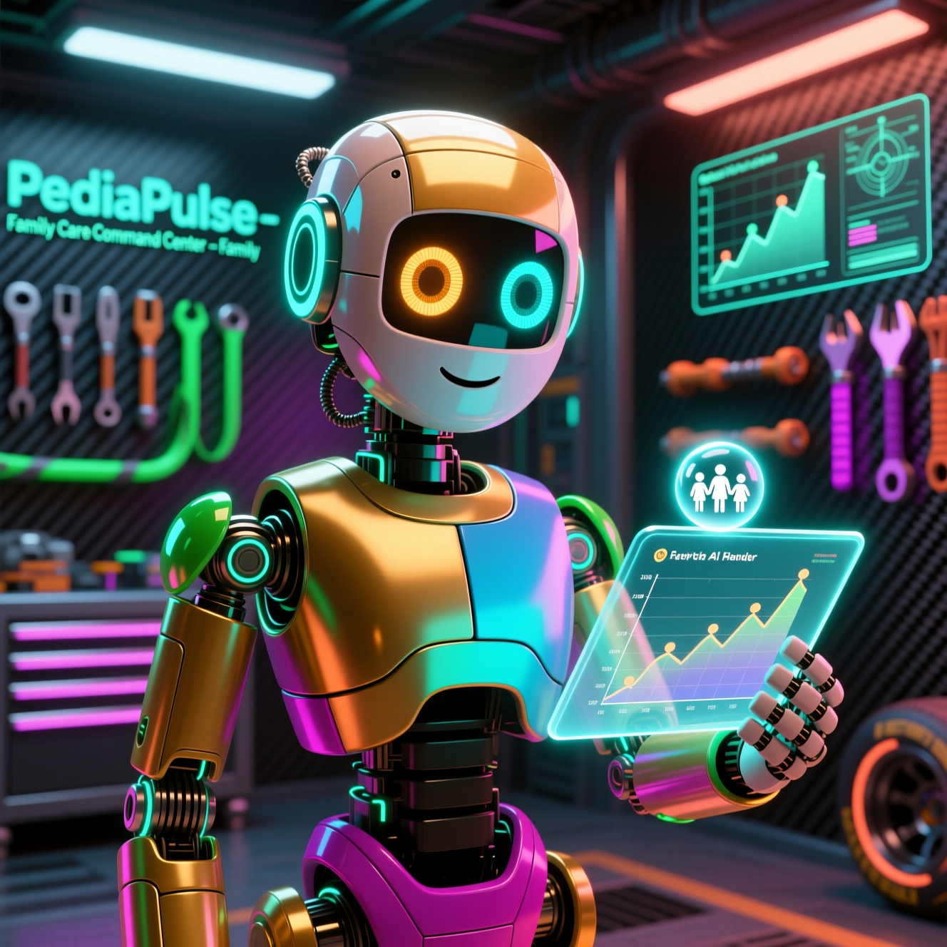 PediaPulse — Family Care Command Center — Family category hero — friendly Pixar-quality mascot robot with big expressive optical eyes, holding an object that represents the category in Formula-1 style pit garage with saturated color lighting and mechanical detail