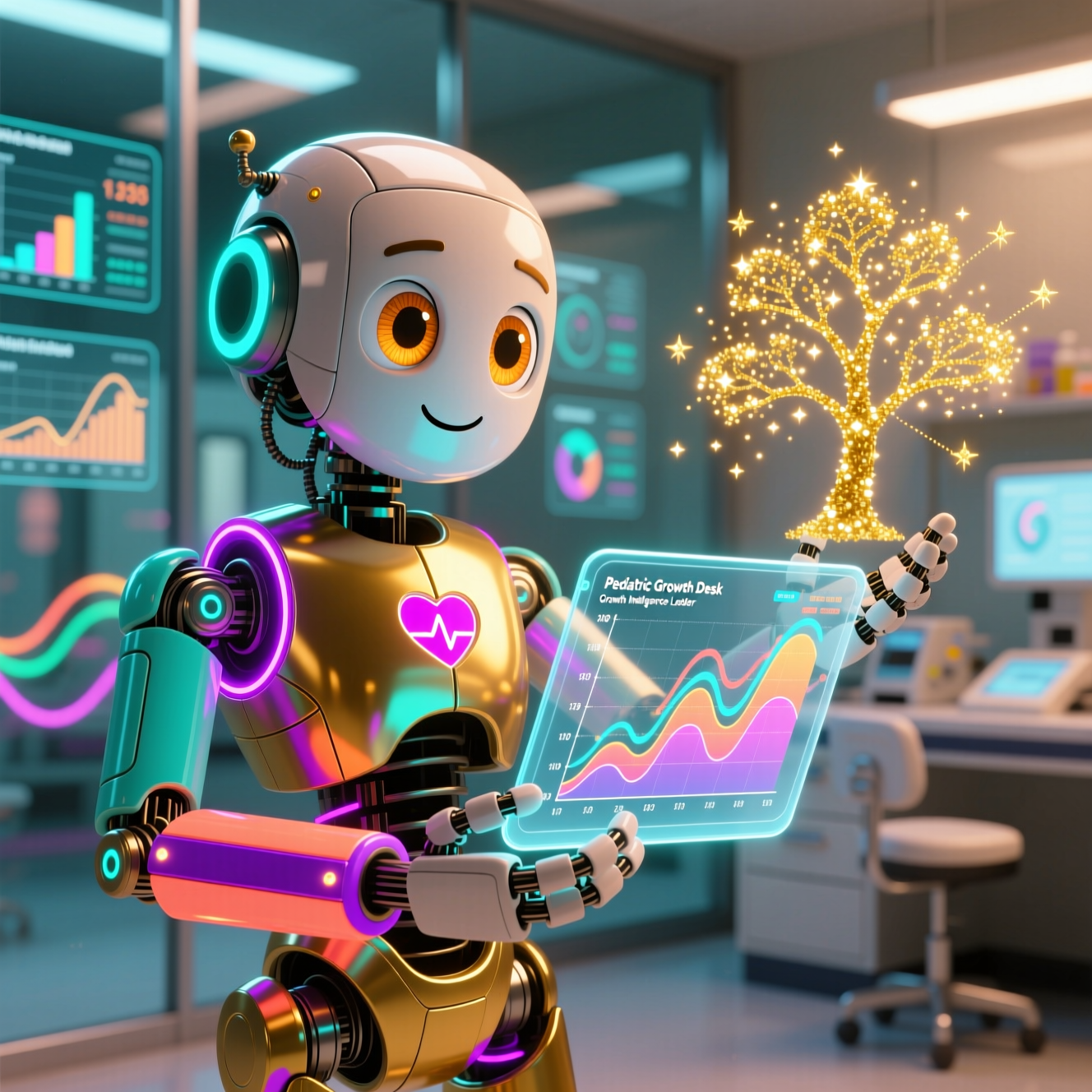 Pediatric Growth Desk — Clinical Growth Intelligence Ledger — Art category hero — friendly Pixar-quality mascot robot with big expressive optical eyes, holding an object that represents the category in sleek high-tech laboratory with glass walls, floating data panels and particle light