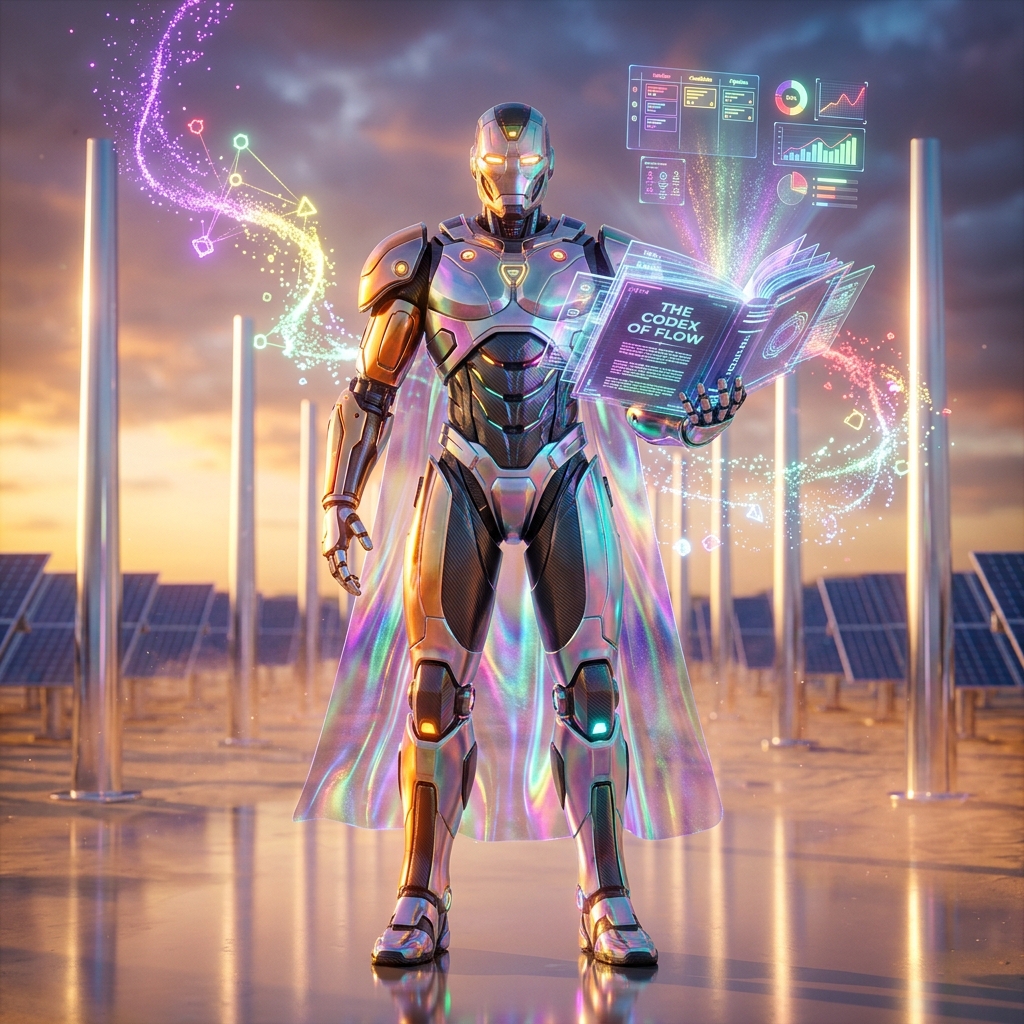 PeopleFlow Studio — HR Production Suite — HR & Recruiting category hero — sci-fi wizard robot with a floating spellbook of holographic glyphs and light particles in desert solar farm at magic hour with reflective sand and towering chrome pylons