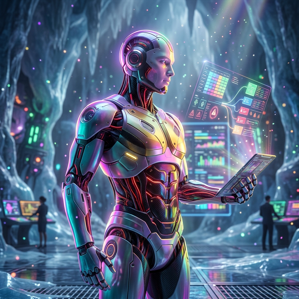 PeopleGrid Mission Control — HR Operations Cockpit — HR & Recruiting category hero — cinematic cyborg character seen in three-quarter profile, exposed circuitry glowing beneath translucent skin, intense neon rim light in crystalline ice cavern lit by bioluminescent tech installations