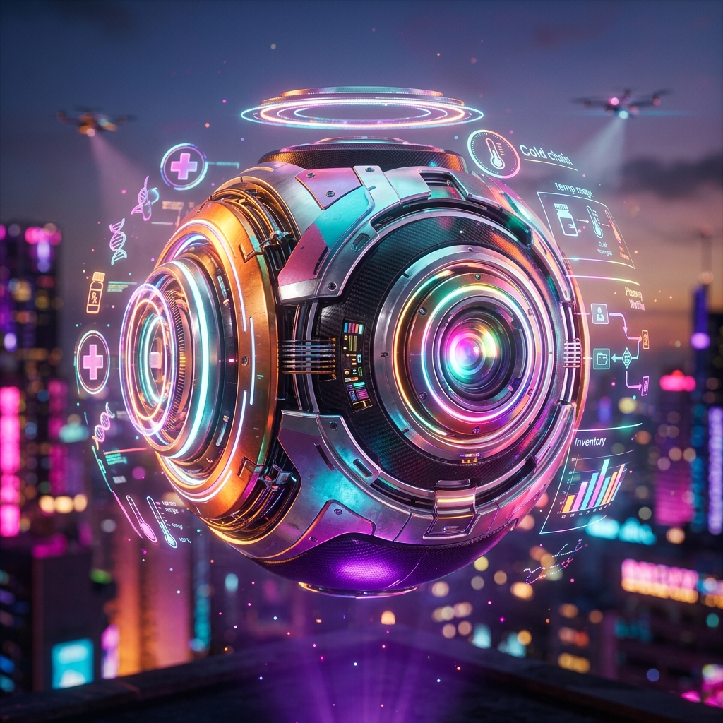 PharmaCare Suite — Pharmacy Operations Cockpit — Medical Services category hero — floating spherical AI orb with concentric glowing rings and orbiting holographic icons around it in rooftop overlooking a neon megacity skyline at dusk, drones flying in the distance