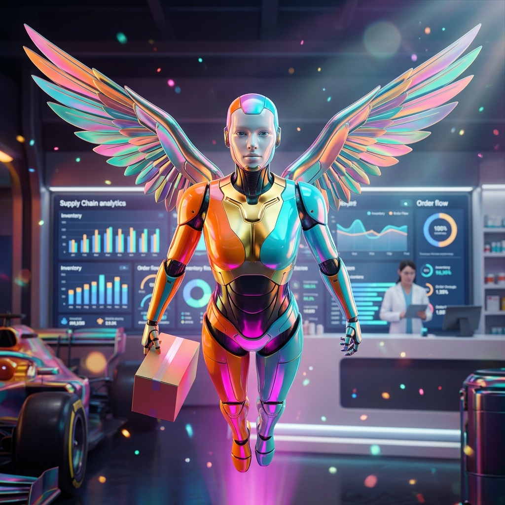 Pharmalith — Supply Chain Neural Board — Shipping & Logistics category hero — courier-style android with iridescent wings unfurled, mid-flight silhouette against the environment in Formula-1 style pit garage with saturated color lighting and mechanical detail