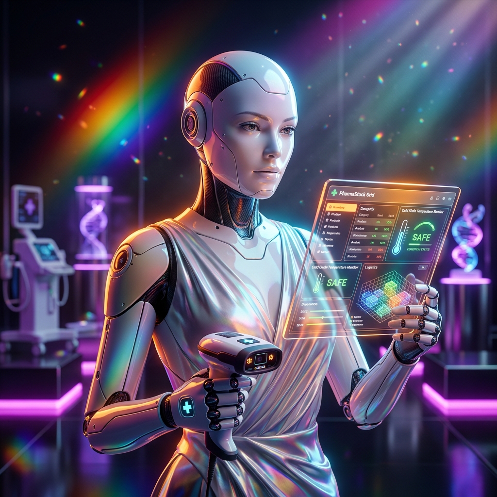 PharmaStock Grid — Field Operations Terminal for Pharmacies — Medical Services category hero — elegant fashion-forward android in flowing reflective couture fabric, editorial pose in chrome-and-glass showroom with mirrored floor and rim-lit product staging