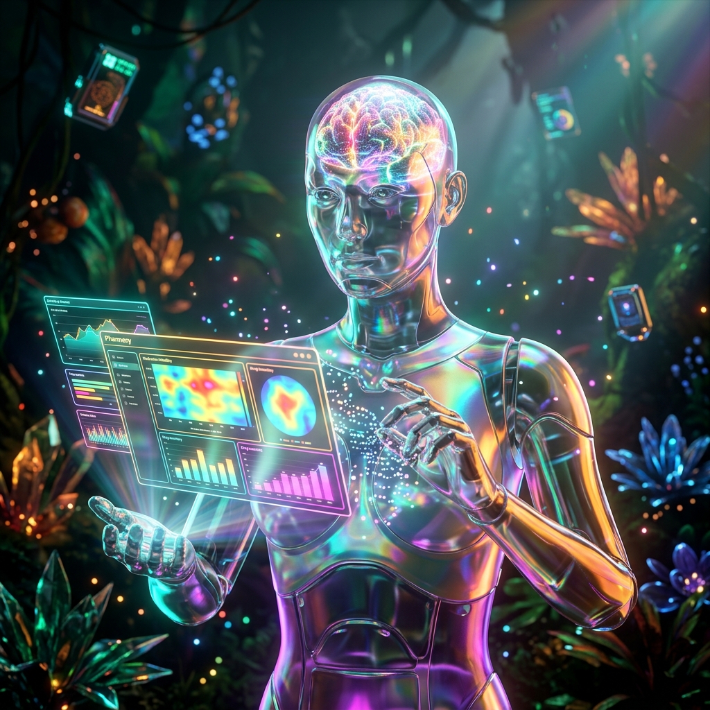 Pharmatrix — Pharmacy Engineering Reliability Console — Digital Health category hero — translucent glass humanoid figure with a glowing neural-network brain visible inside its head in alien jungle biome with glowing flora and floating tech artifacts