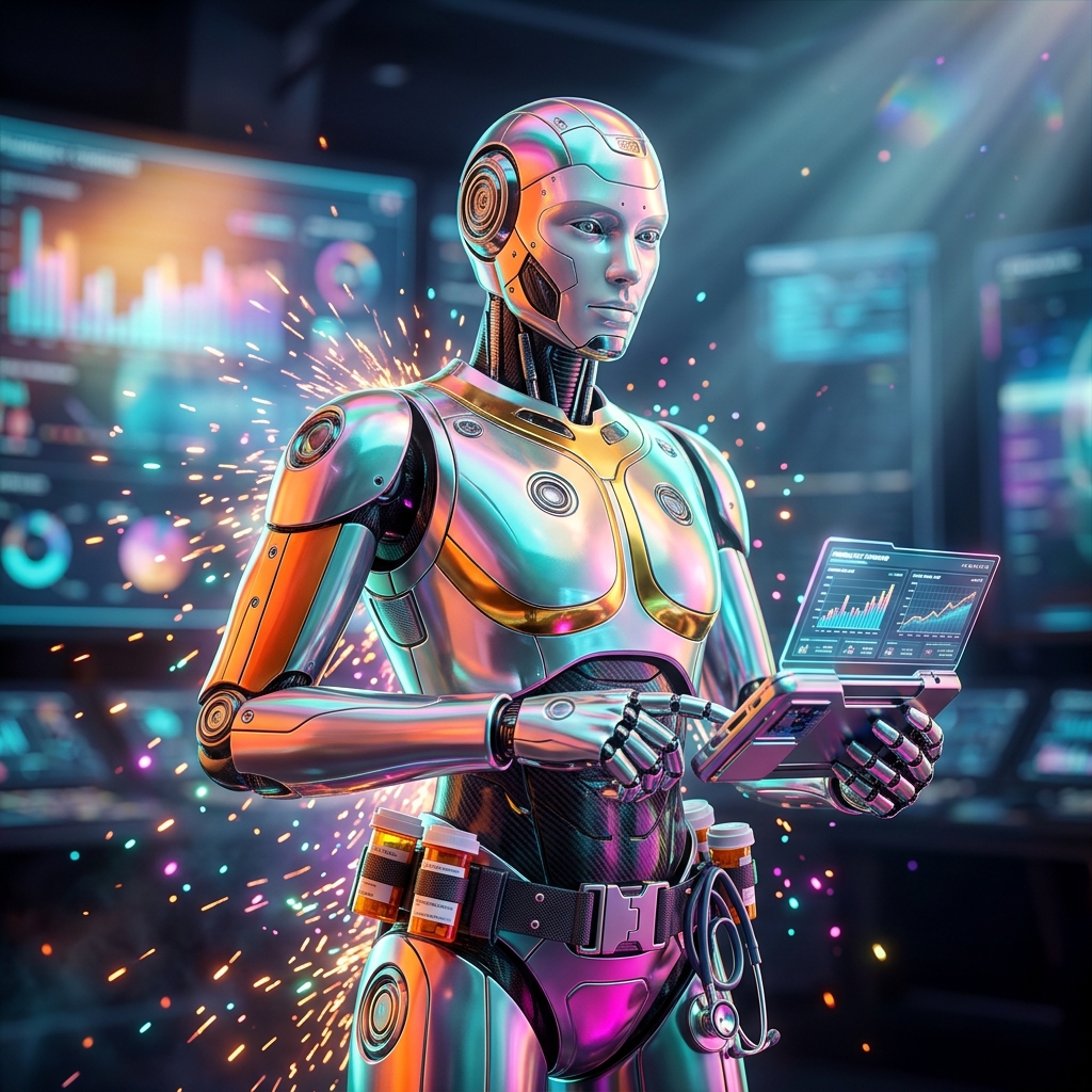 PharmLedger Command — Pharmacy Financial Strategy Terminal — 3D Modeling category hero — chrome-plated bipedal android caught mid-motion, sparks and light particles trailing around it in futuristic control room with massive glowing holographic screens and volumetric light rays