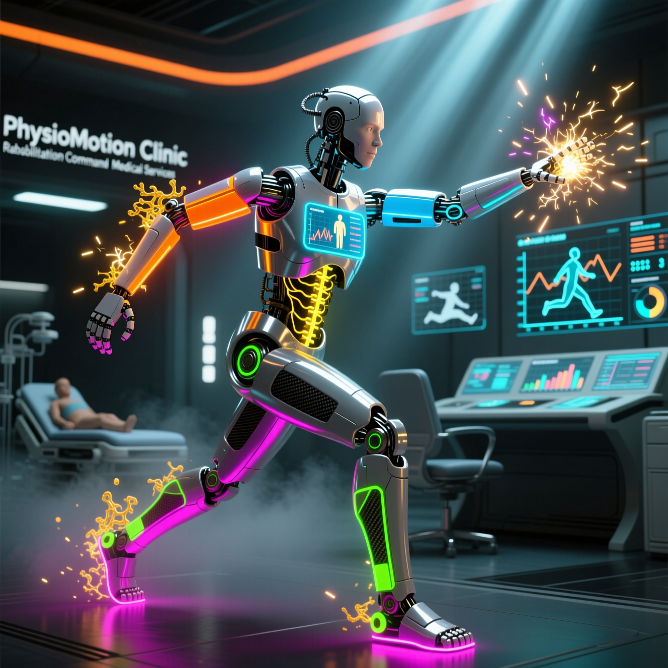 PhysioMotion Clinic — Rehabilitation Command Terminal — Medical Services category hero — chrome-plated bipedal android caught mid-motion, sparks and light particles trailing around it in dark cinematic stage with dramatic spotlights streaming down and a hazy atmospheric fog