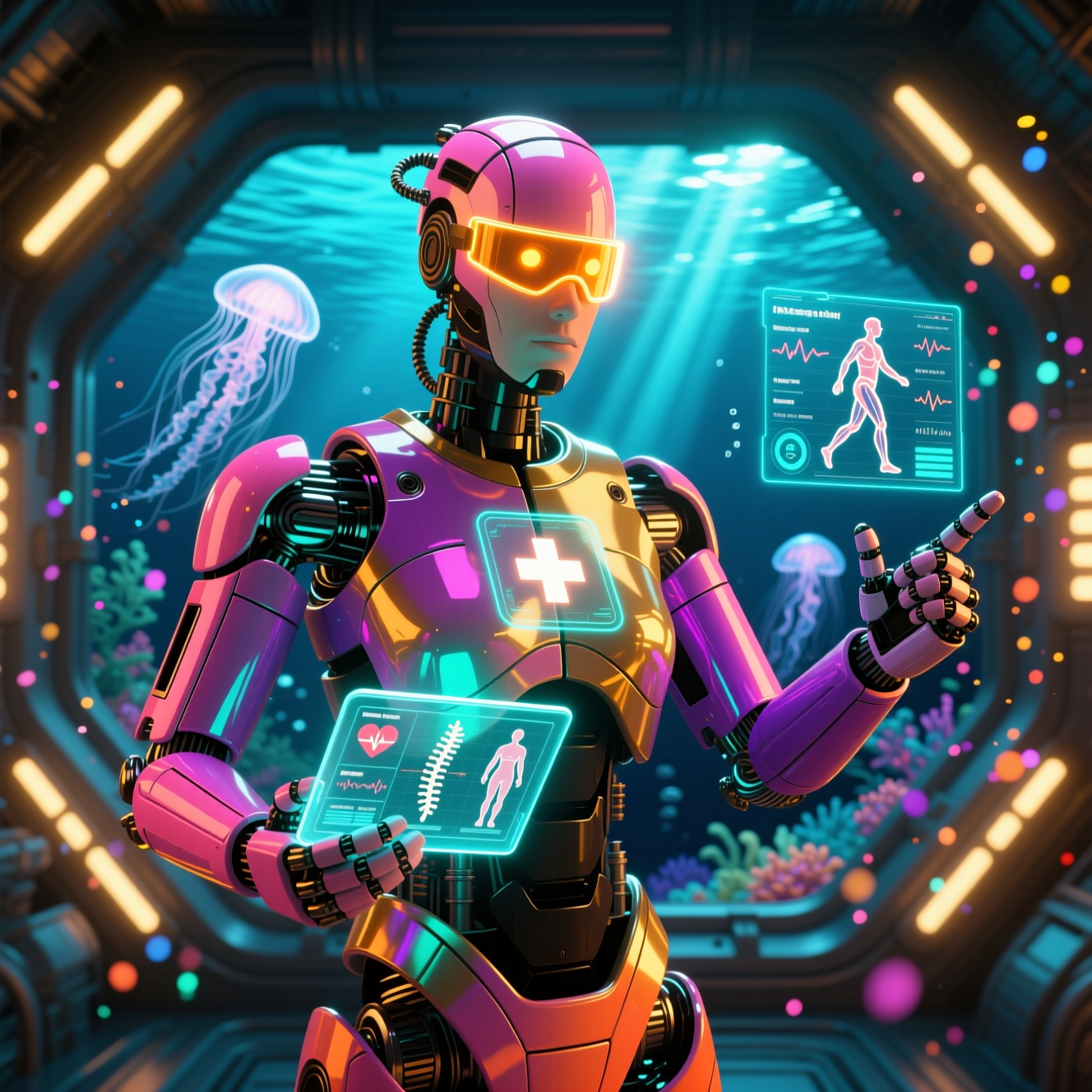 PhysioMotion Clinic — Studio Production Suite — Medical Services category hero — hyper-detailed humanoid robot with glossy plating and glowing visor eyes, striking a confident hero pose in the center of the frame in deep-sea research bay with bulkhead windows onto a bioluminescent ocean