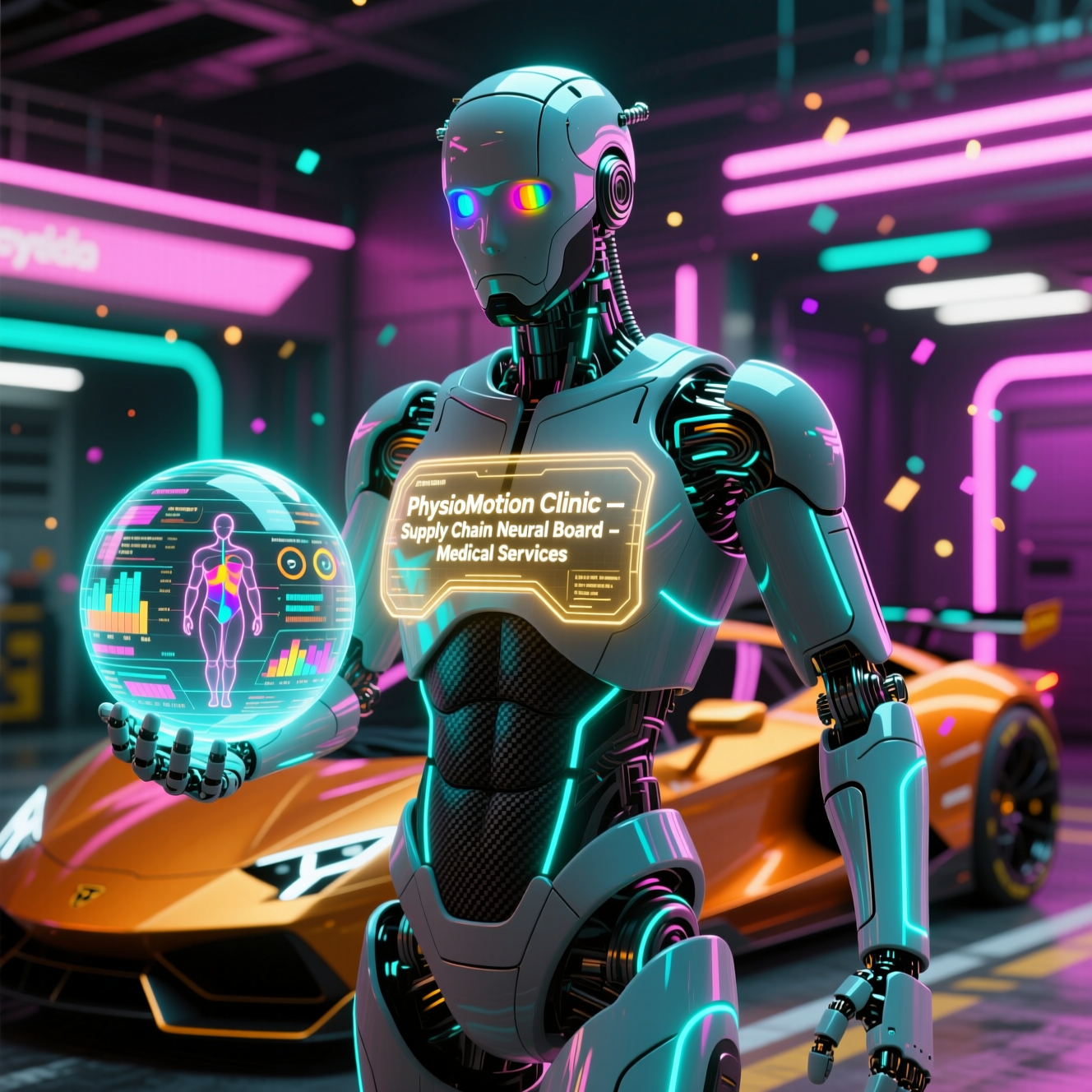 PhysioMotion Clinic — Supply Chain Neural Board — Medical Services category hero — sleek sports-car-inspired bipedal android mid-motion, carbon-fiber musculature and glowing accent lines in Formula-1 style pit garage with saturated color lighting and mechanical detail