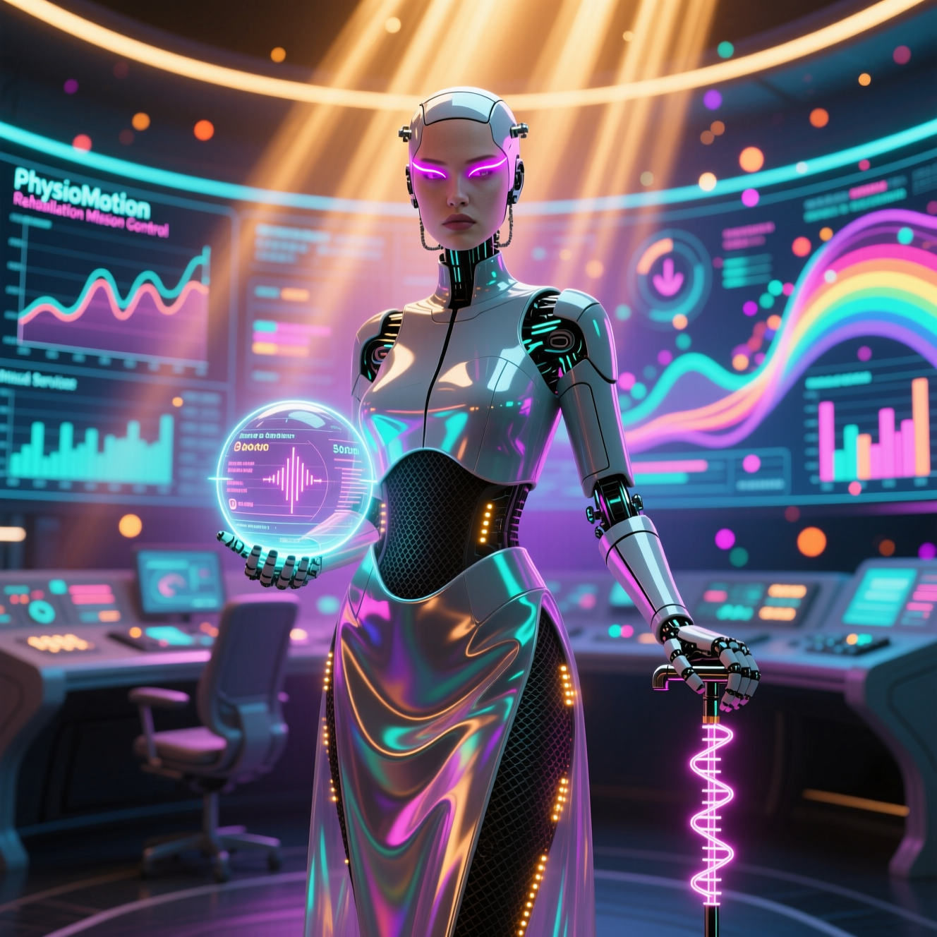 PhysioMotion — Rehabilitation Mission Control — Medical Services category hero — elegant fashion-forward android in flowing reflective couture fabric, editorial pose in futuristic control room with massive glowing holographic screens and volumetric light rays