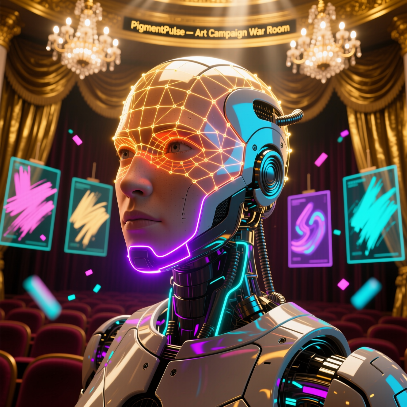 PigmentPulse — Art Campaign War Room — Art category hero — wireframe holographic human head made of glowing data points, floating in the frame center in golden-lit theater interior with heavy velvet curtains and cinematic chandeliers