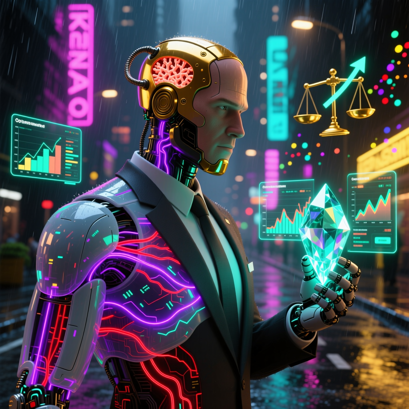 PinnacleTreasury | Financial Strategy Terminal — Business category hero — cinematic cyborg character seen in three-quarter profile, exposed circuitry glowing beneath translucent skin, intense neon rim light in neon-lit cyberpunk street at night, wet pavement reflections, hovering holograms in the background