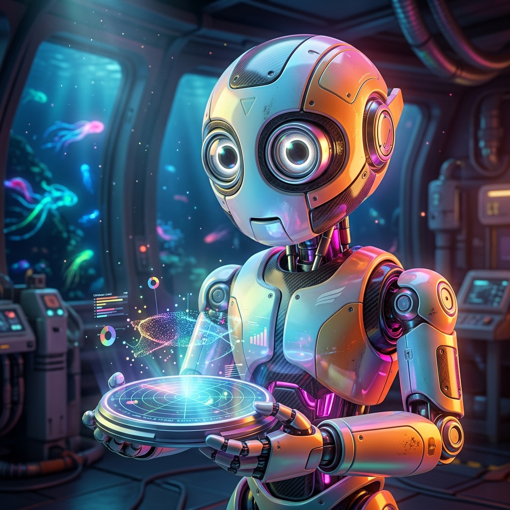 PipelinePilot — CRM Mission Control Cockpit — CRM category hero — friendly Pixar-quality mascot robot with big expressive optical eyes, holding an object that represents the category in deep-sea research bay with bulkhead windows onto a bioluminescent ocean