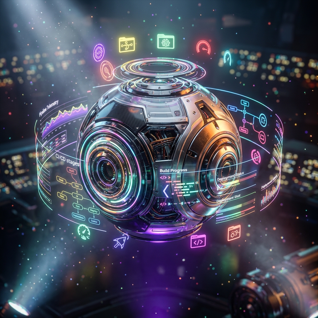 PipelinePilot Mission Control — CI/CD Command Cockpit — CI/CD category hero — floating spherical AI orb with concentric glowing rings and orbiting holographic icons around it in dark cinematic stage with dramatic spotlights streaming down and a hazy atmospheric fog