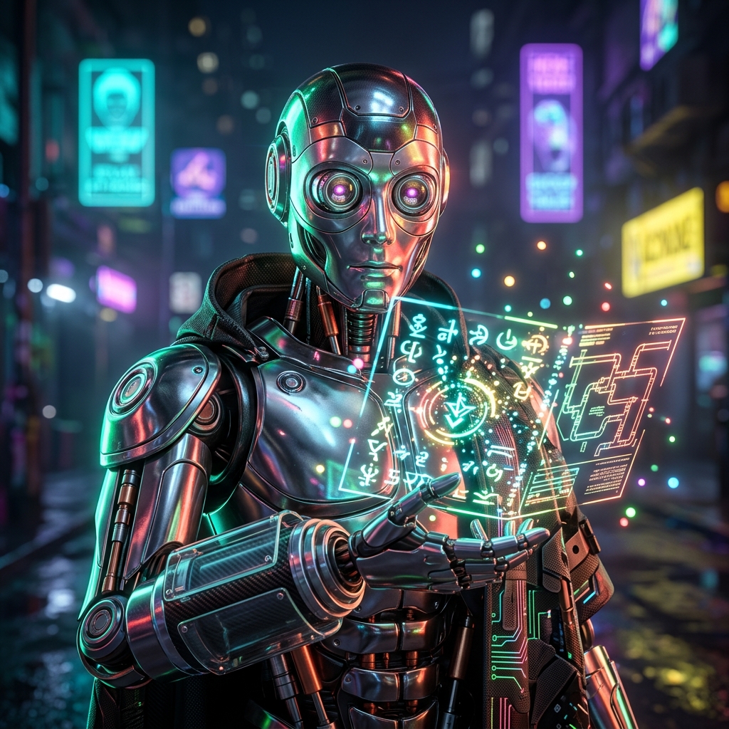 PipeTrust FieldOps — plumbing command & studio suite — Business Management category hero — sci-fi wizard robot with a floating spellbook of holographic glyphs and light particles in neon-lit cyberpunk street at night, wet pavement reflections, hovering holograms in the background