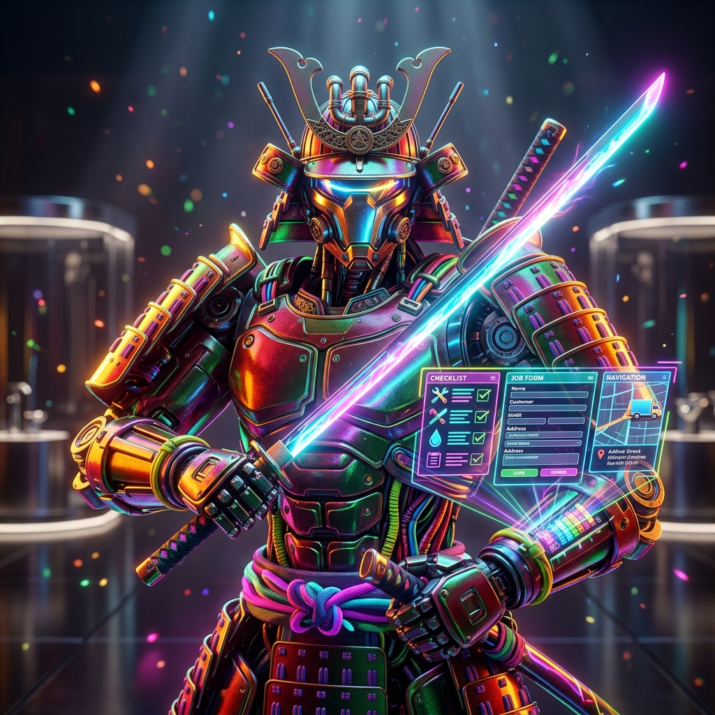 PipeWorks FieldOps — Plumbing Field Service Command — Home Improvement category hero — majestic samurai-styled mech in lacquered armor with neon under-glow, katana of light in hand in chrome-and-glass showroom with mirrored floor and rim-lit product staging