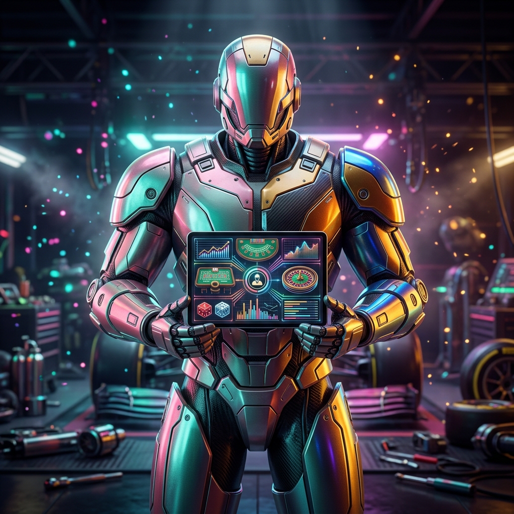 PITBOSSMISSION · Casino Floor Command — Casino category hero — heavily armored guardian robot holding a symbolic emblem of the category with both hands in Formula-1 style pit garage with saturated color lighting and mechanical detail