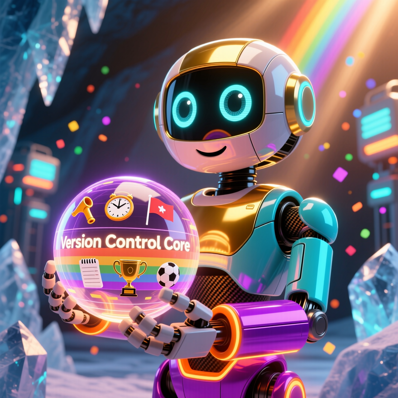 PitchCommand — Tournament Referee Hub — Version Control category hero — friendly Pixar-quality mascot robot with big expressive optical eyes, holding an object that represents the category in crystalline ice cavern lit by bioluminescent tech installations