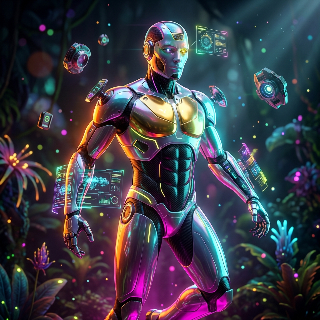 PitGrid Command — Casino Floor Mission Control — Casino category hero — sleek sports-car-inspired bipedal android mid-motion, carbon-fiber musculature and glowing accent lines in alien jungle biome with glowing flora and floating tech artifacts