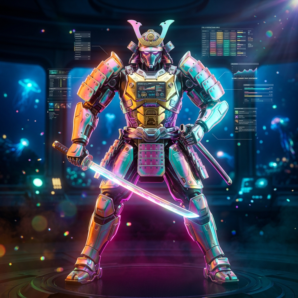 PitGrid — Field Operations Grid — Business Management category hero — majestic samurai-styled mech in lacquered armor with neon under-glow, katana of light in hand in deep-sea research bay with bulkhead windows onto a bioluminescent ocean