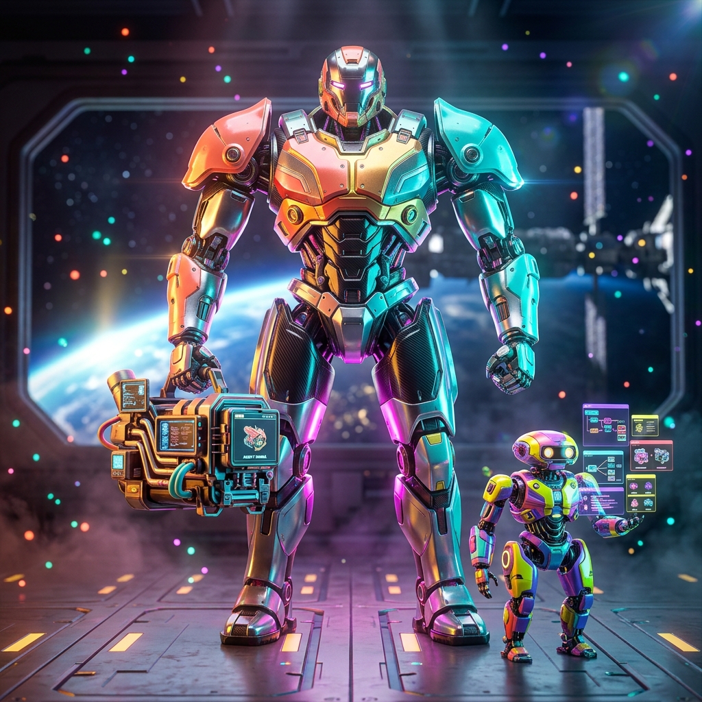 Pitlane Studio OS — Creative Production Command — Project Management category hero — duo of contrasting robots — one large hero mech and a small companion droid — composed cinematically in orbital space station observation deck with a planet glowing outside the panoramic window