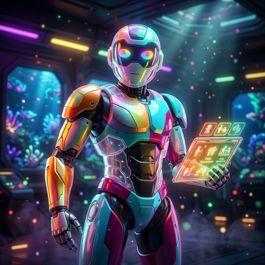 PlayForge Grid — Field Operations for Kids Programs — Kids Games category hero — hyper-detailed humanoid robot with glossy plating and glowing visor eyes, striking a confident hero pose in the center of the frame in deep-sea research bay with bulkhead windows onto a bioluminescent ocean