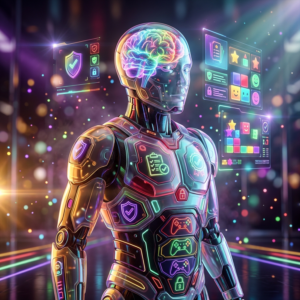 PlayKite Studio — Compliance & Safety Command for Kids' Game Mak — Kids Games category hero — translucent glass humanoid figure with a glowing neural-network brain visible inside its head in chrome-and-glass showroom with mirrored floor and rim-lit product staging