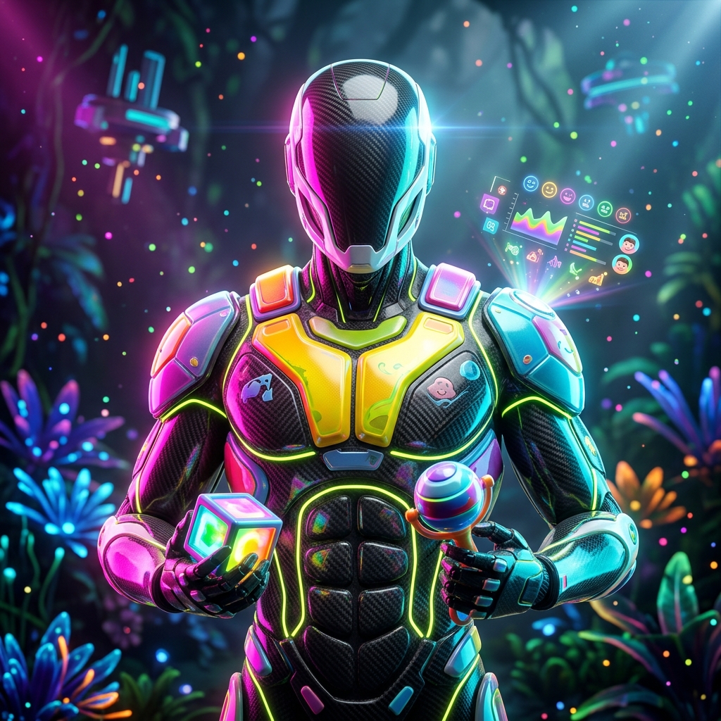 PlayVault Command — Childcare & Daycare War Room — Family Life category hero — sleek sports-car-inspired bipedal android mid-motion, carbon-fiber musculature and glowing accent lines in alien jungle biome with glowing flora and floating tech artifacts