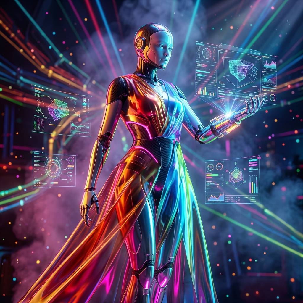 PolygonForge — 3D Modeling Mission Control — 3D Modeling category hero — elegant fashion-forward android in flowing reflective couture fabric, editorial pose in underground rave-like data cathedral with laser beams cutting through smoke