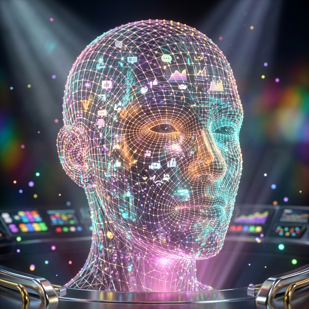 PostGrid Command — social media engineering console — Social Media category hero — wireframe holographic human head made of glowing data points, floating in the frame center in dark cinematic stage with dramatic spotlights streaming down and a hazy atmospheric fog