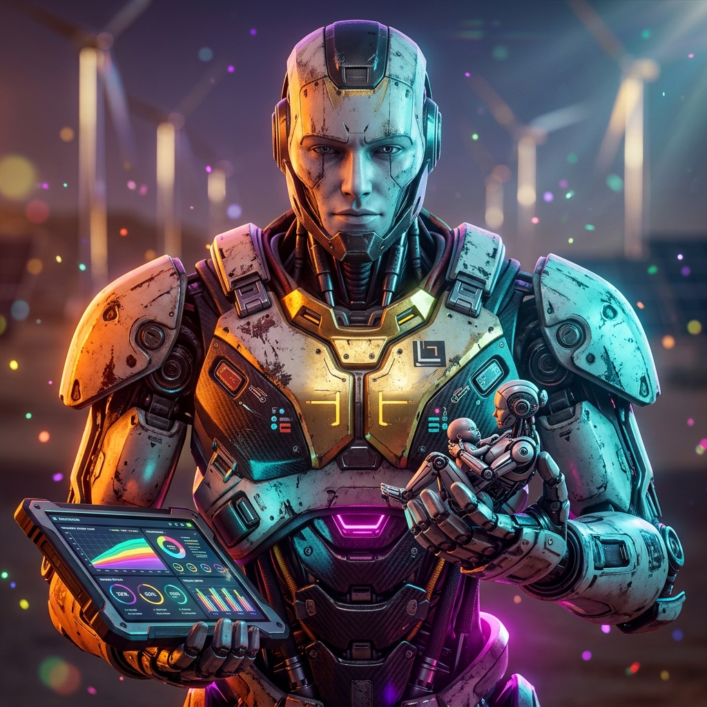 Postpartum Care Board | LatchPoint β Art category hero β war-worn but heroic mech pilot robot with painted panels, weathered detail, cinematic hero lighting in desert solar farm at magic hour with reflective sand and towering chrome pylons