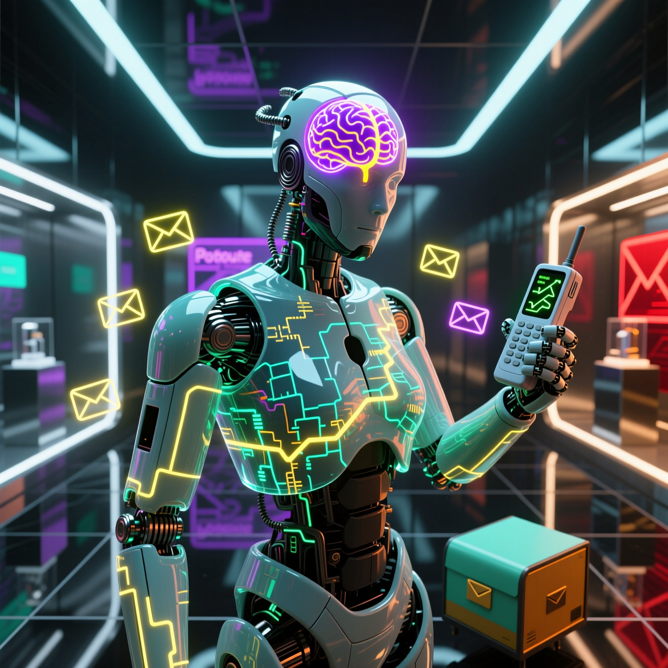 PostRoute Studio — Route Mail Operations — Digital Maps category hero — translucent glass humanoid figure with a glowing neural-network brain visible inside its head in chrome-and-glass showroom with mirrored floor and rim-lit product staging